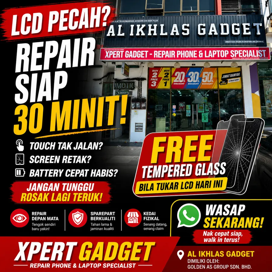 Poster Xpert Gadget Larkin — repair phone siap 30 minit, rawatan phone kena air di Johor Bahru
