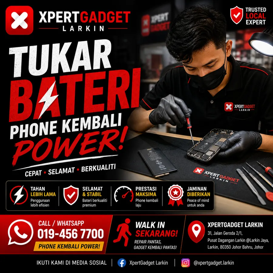 Teknisyen Xpert Gadget Larkin membaiki phone yang tidak boleh dihidupkan di Johor Bahru
