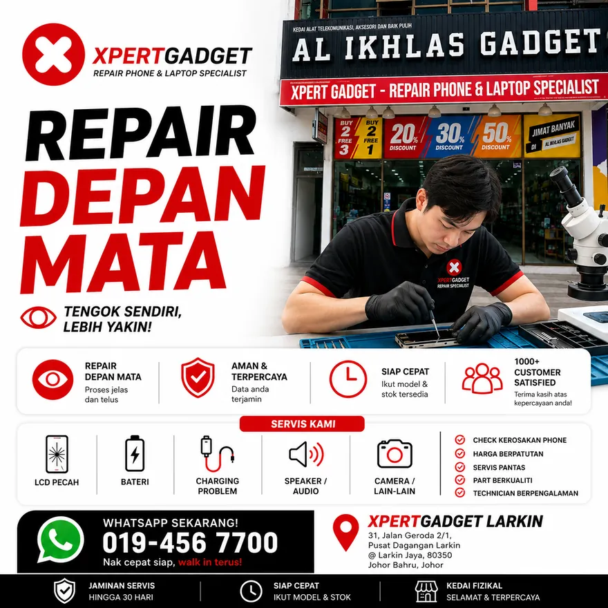 Poster Xpert Gadget Larkin — repair depan mata, tengok sendiri lebih yakin